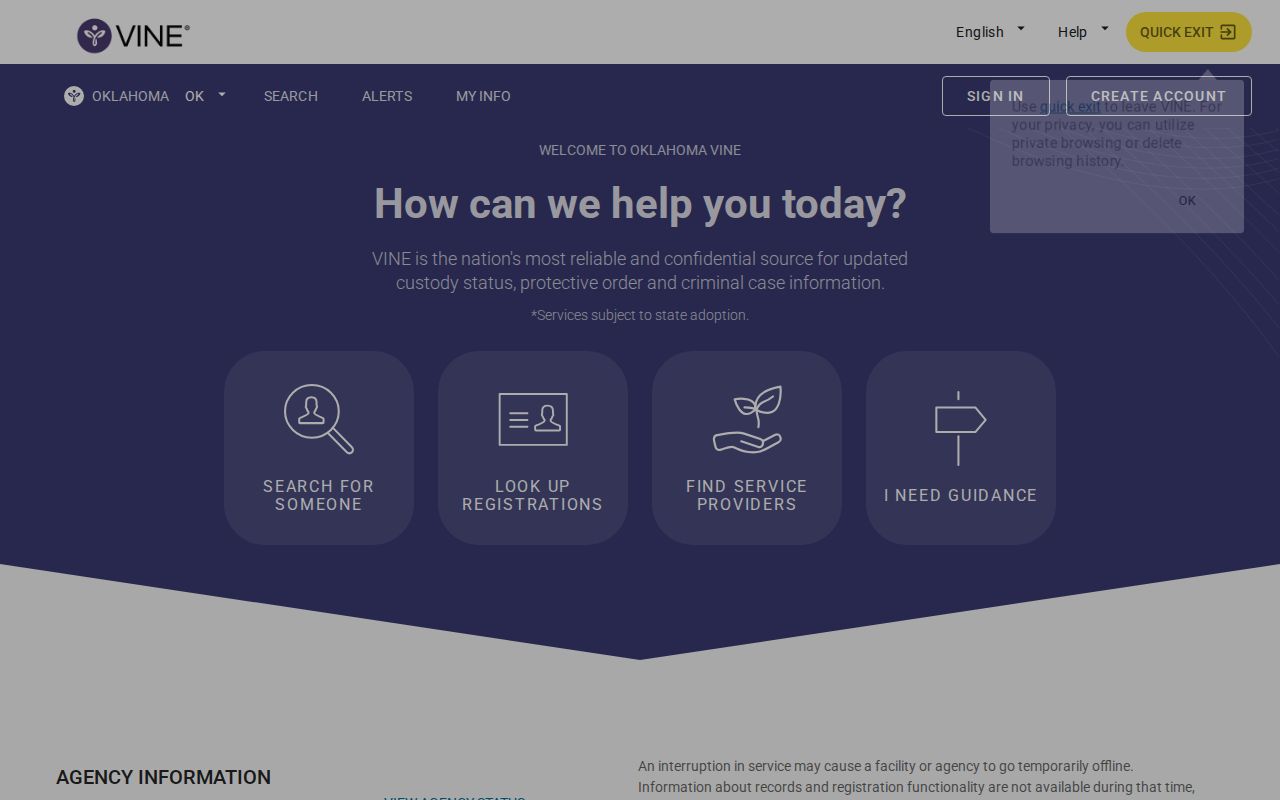 Tillman County VINELink inmate search screen for release status